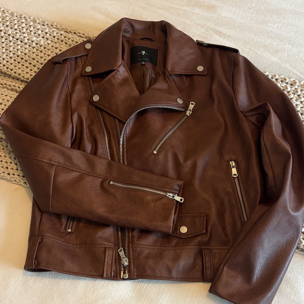7 For All Mankind Brown Leather Moto Jacket